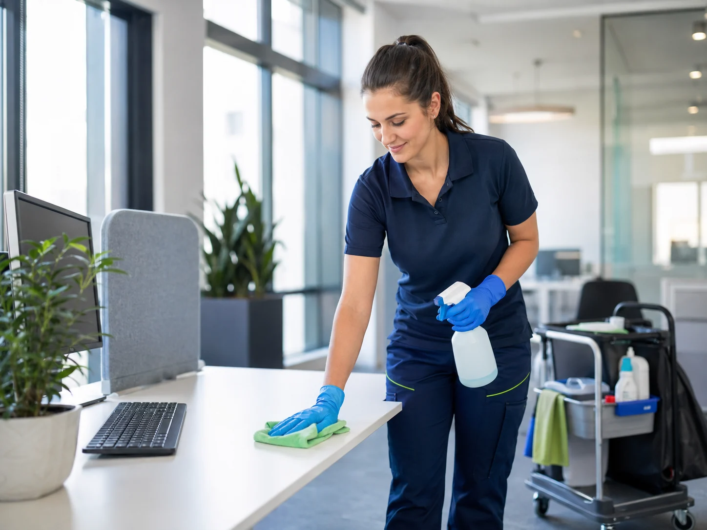 Büroreinigung und Desinfektion eines Arbeitsplatzes
